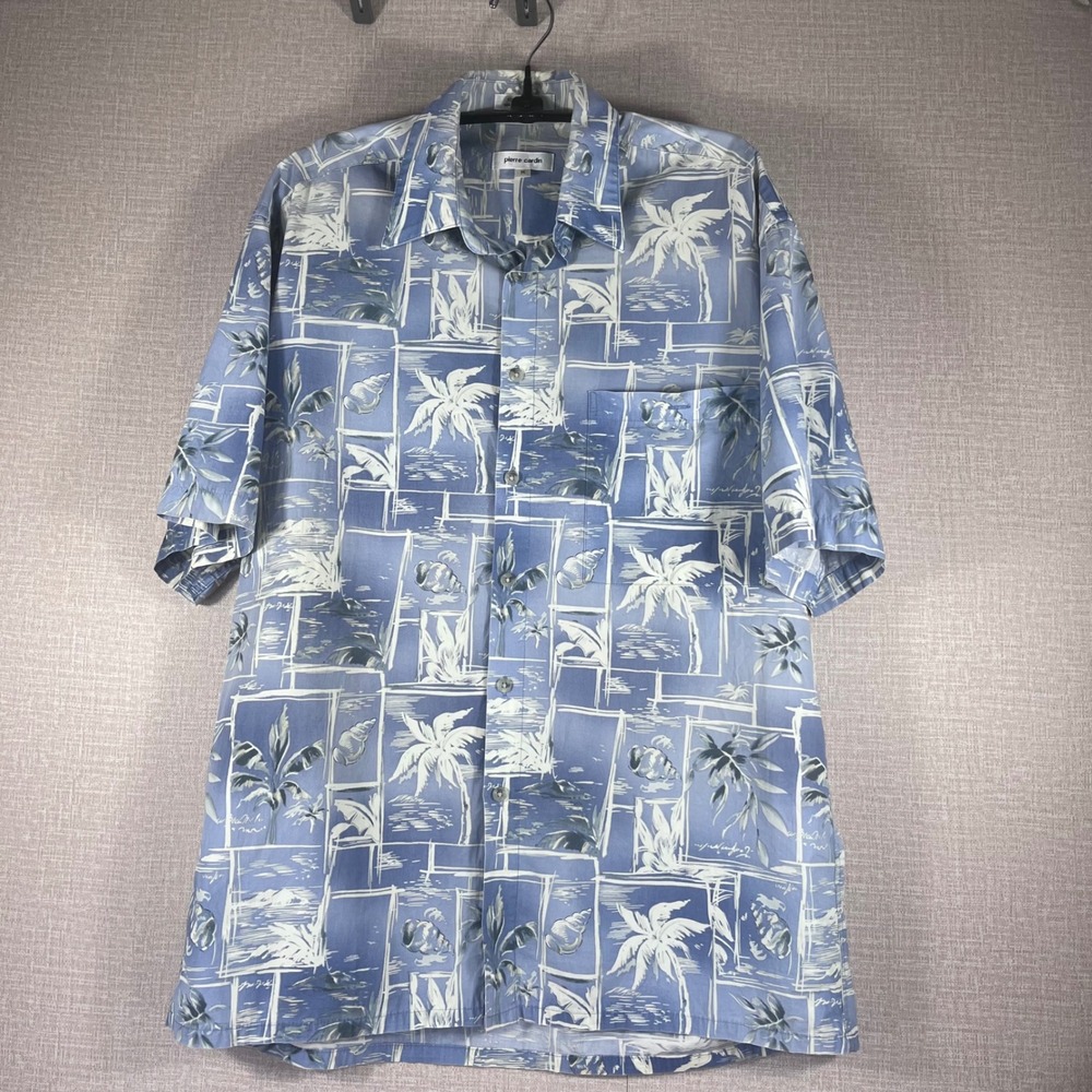 Pierre Cardin Cotton Hawaiian Camp Shirt Blue Tropical Palm Tree Button Men M